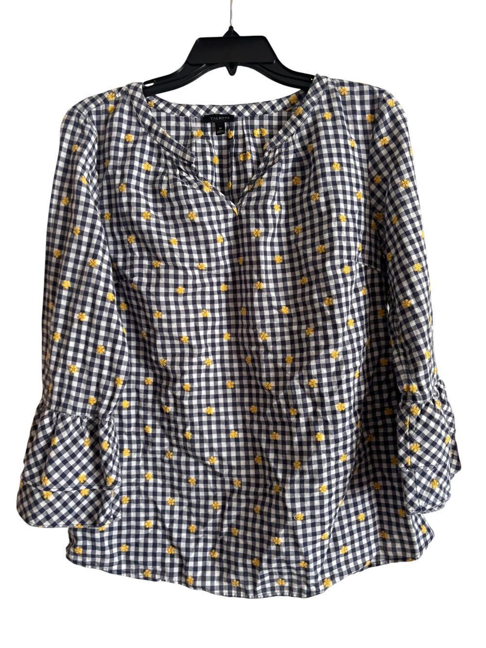 TALBOTS Floral Embroidery Check Gingham Cotton Blouse Shirt Bell Sleeve Medium